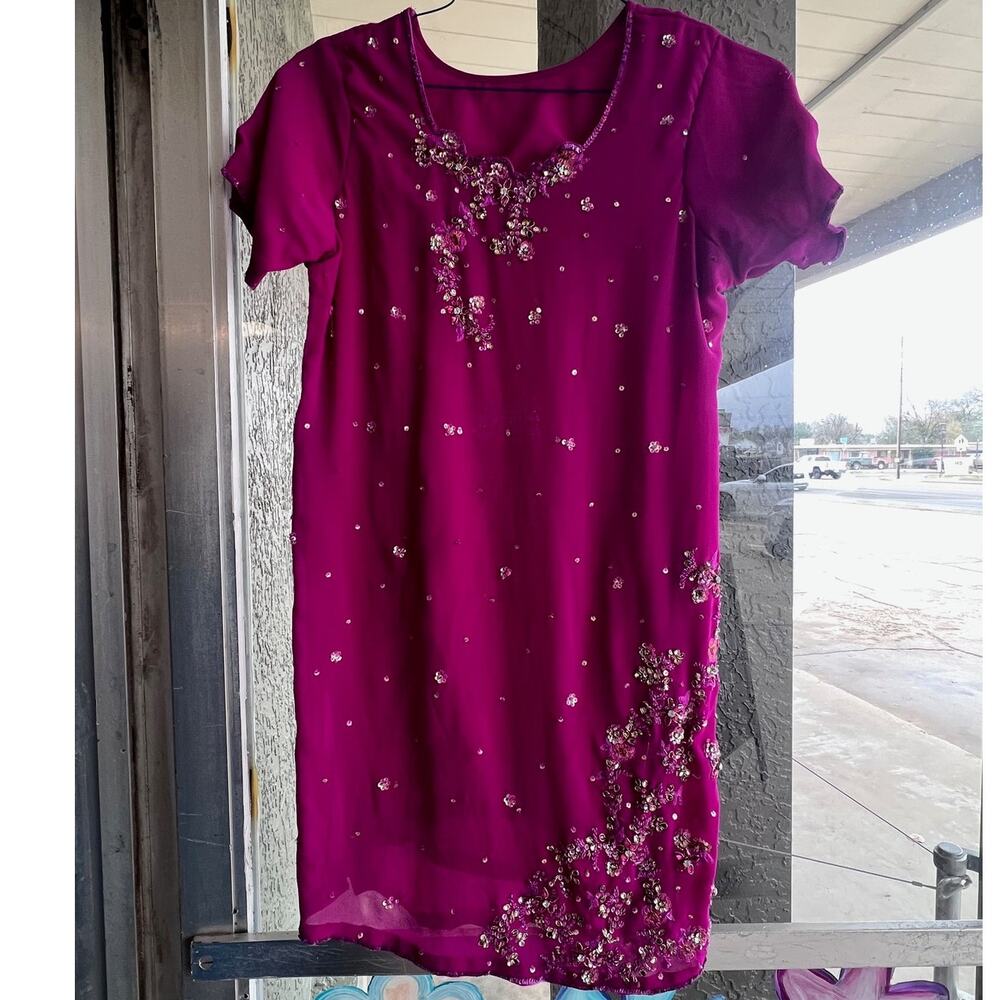 Vintage purple handmade beaded kurti Indian style dress size M